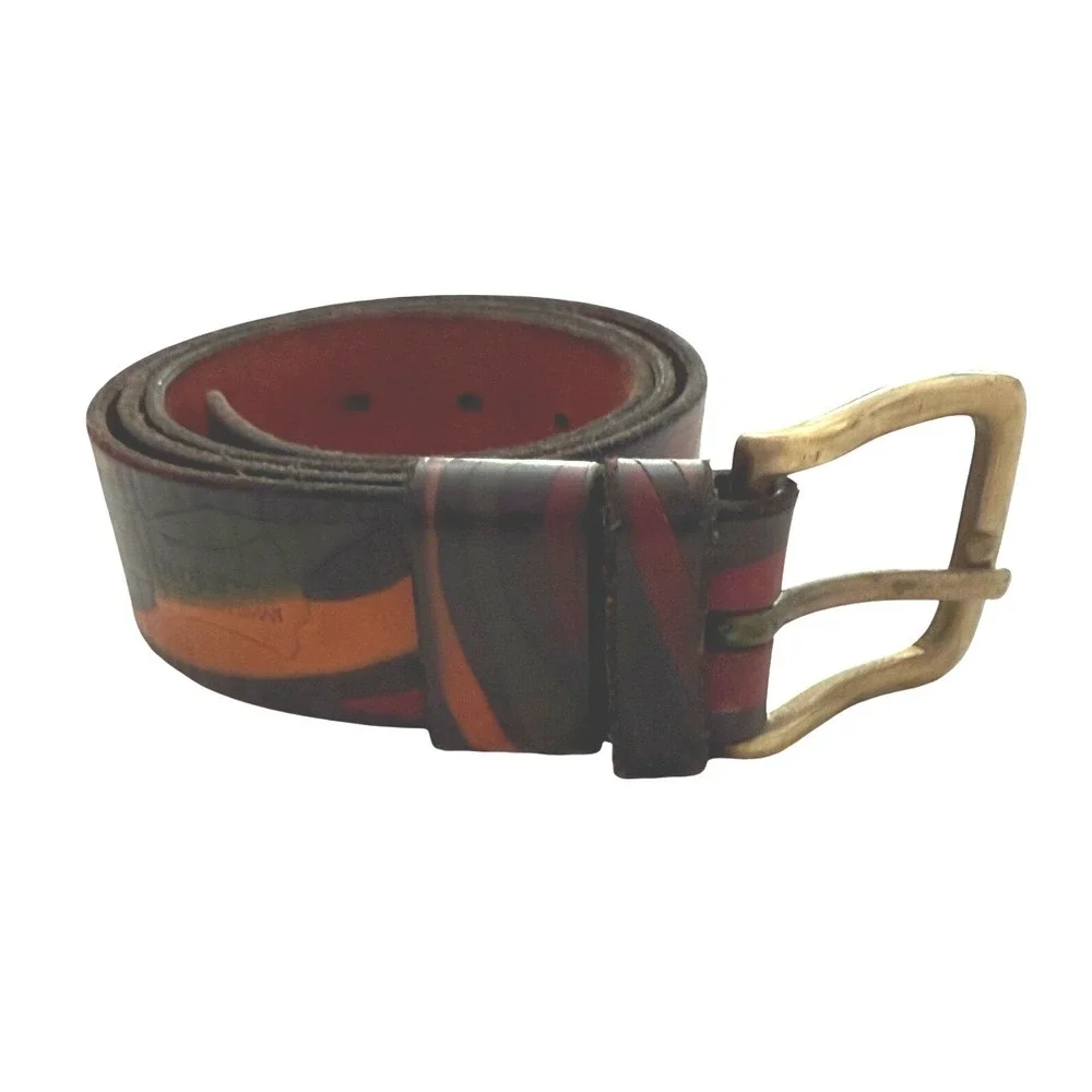 David Bristow Leather Belt Mens 40 Multi Color Wave Brass Buckle Boho Artisan